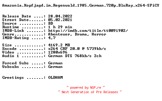 NFO for the release Amazonia.Kopfjagd.im.Regenwald.1985.German.720p.BluRay.x264-SPiCY by SPiCY