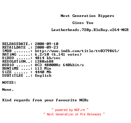 NFO for the release Leatherheads.720p.BluRay.x264-NGR by NGR