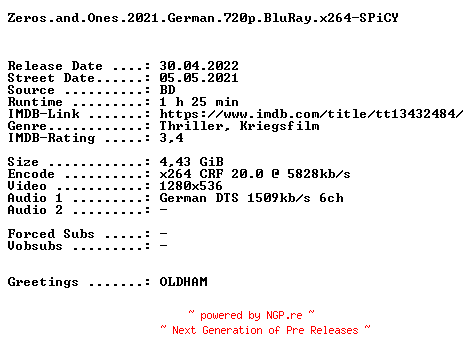 NFO for the release Zeros.and.Ones.2021.German.720p.BluRay.x264-SPiCY by SPiCY