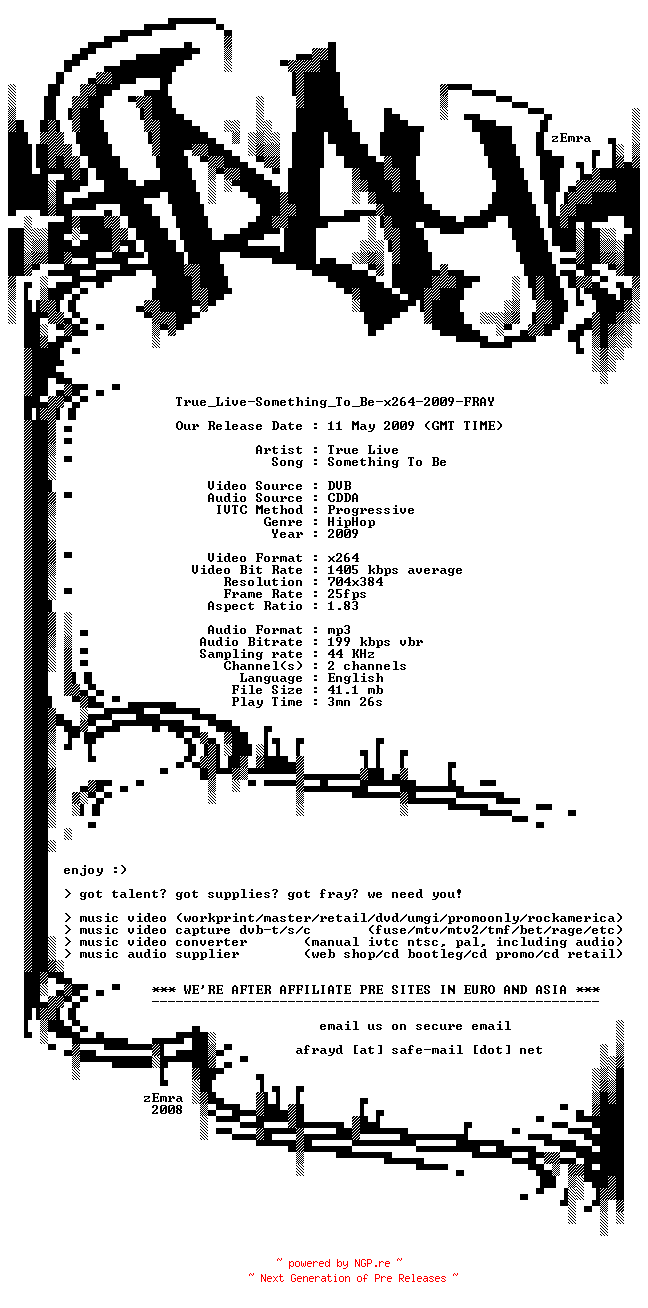 NFO for the release True_Live-Something_To_Be-x264-2009-FRAY by FRAY