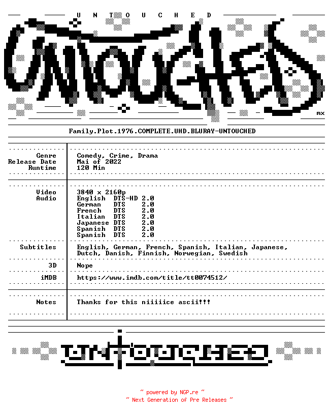 NFO for the release Family.Plot.1976.COMPLETE.UHD.BLURAY-UNTOUCHED by UNTOUCHED