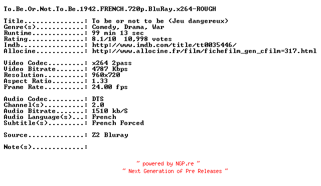 NFO for the release To.Be.Or.Not.To.Be.1942.FRENCH.720p.BluRay.x264-ROUGH by ROUGH