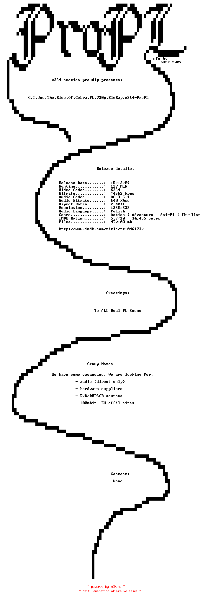 NFO for the release G.I.Joe.The.Rise.Of.Cobra.PL.720p.BluRay.x264-ProPL by ProPL