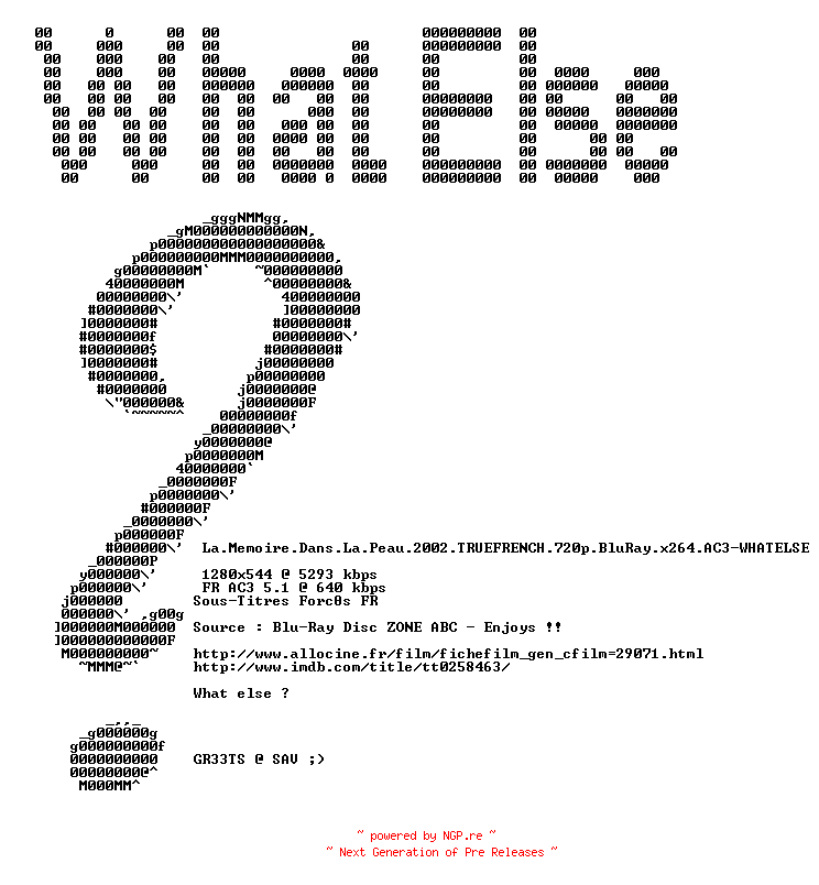 NFO for the release La.Memoire.Dans.La.Peau.2002.TRUEFRENCH.720p.BluRay.x264.AC3-WHATELSE by WHATELSE