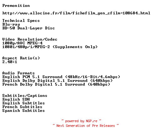 NFO for the release Premonition.MULTi.FULL.BLURAY-BLUHD by BLUHD