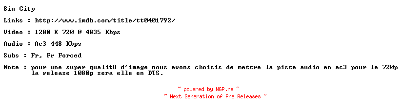 NFO for the release Sin.City.2005.FRENCH.720p.BluRay.x264-ForceBleue by ForceBleue