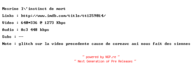 NFO for the release Mesrine.L.instinct.De.Mort.REPACK.FRENCH.BDRiP.XviD-SURViVAL by SURViVAL