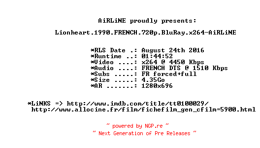 NFO for the release Lionheart.1990.FRENCH.720p.BluRay.x264-AiRLiNE by AiRLiNE