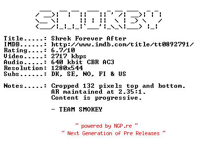 NFO for the release Shrek.Forever.After.2010.NORWEGIAN.720p.Bluray.x264-SMOKEY by SMOKEY