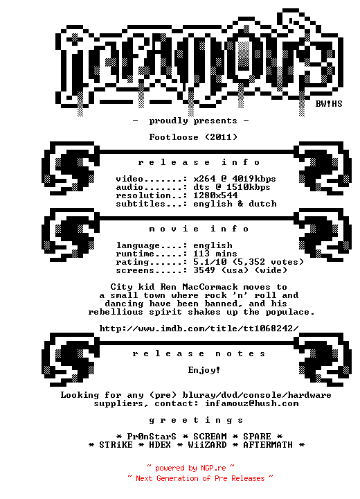 NFO for the release Footloose.2011.720p.BluRay.x264-iNFAMOUS by iNFAMOUS