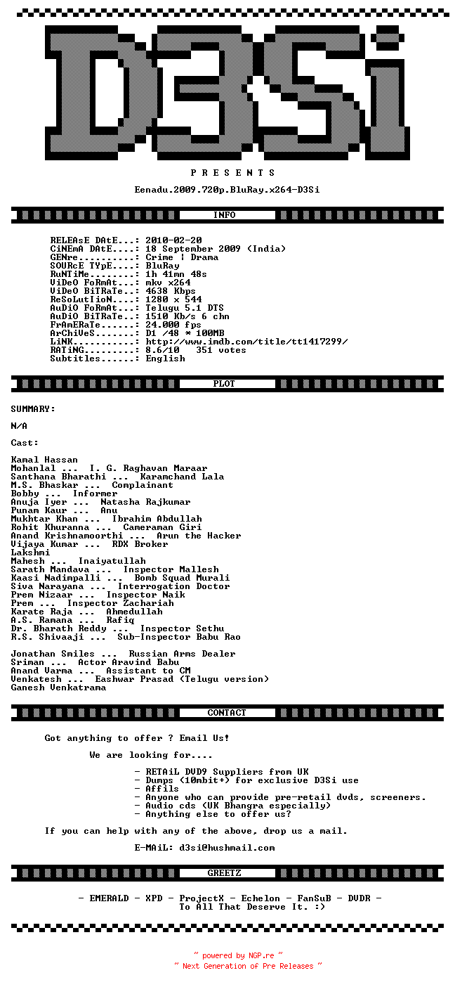 NFO for the release Eenadu.2009.720p.BluRay.x264-D3Si by D3Si