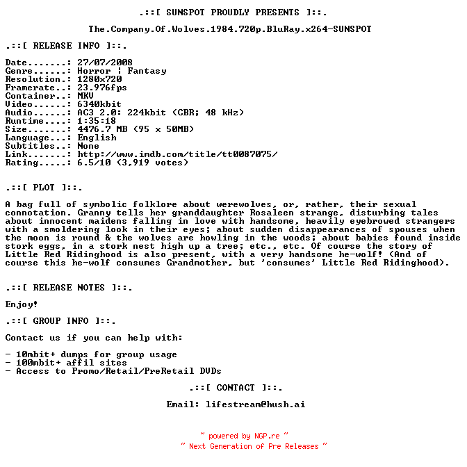 NFO for the release The.Company.Of.Wolves.1984.720p.BluRay.x264-SUNSPOT by SUNSPOT