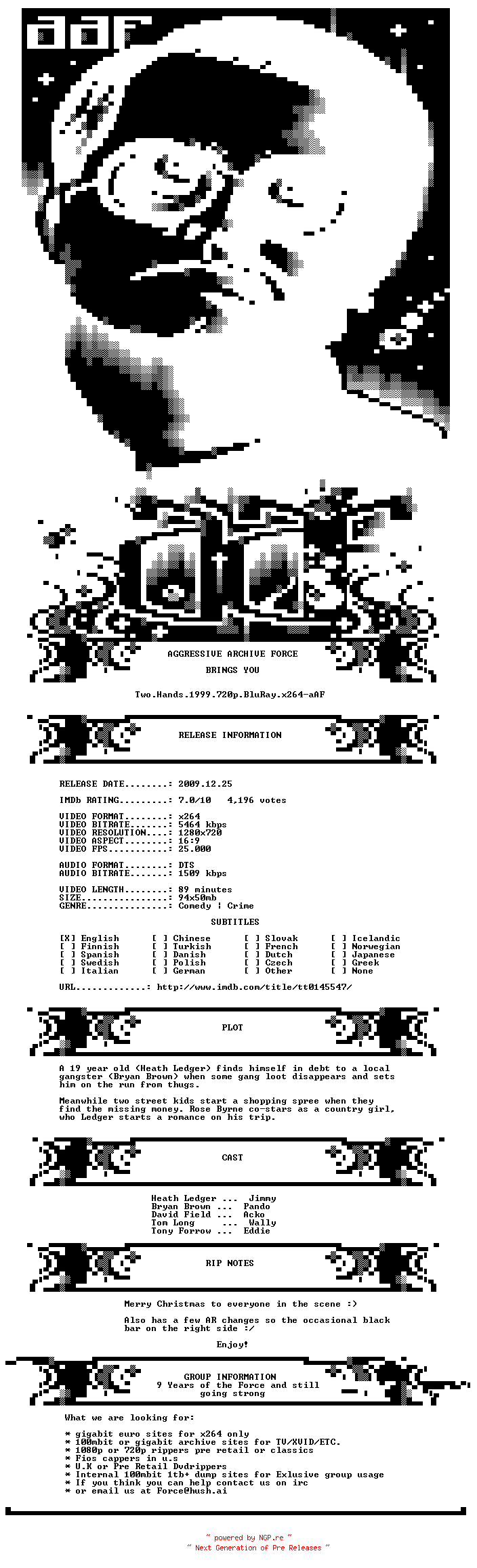 NFO for the release Two.Hands.1999.720p.BluRay.x264-aAF by aAF