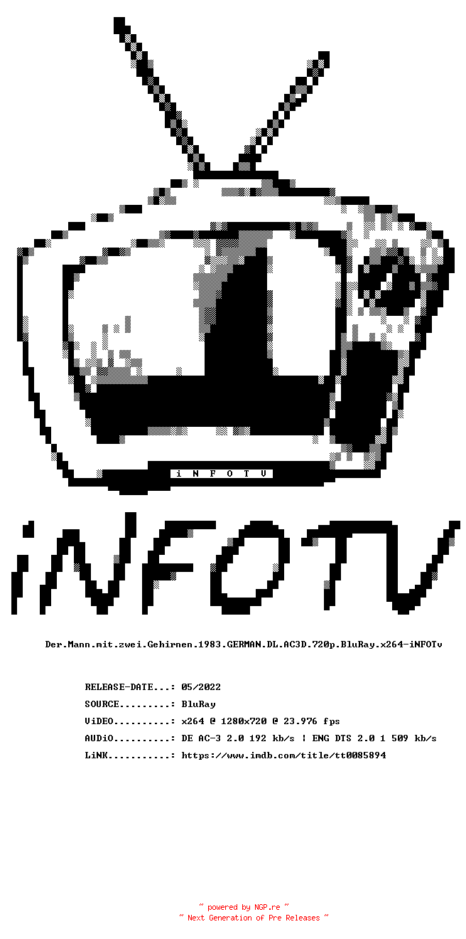 NFO for the release Der.Mann.mit.zwei.Gehirnen.1983.GERMAN.DL.AC3D.720p.BluRay.x264-iNFOTv by iNFOTv