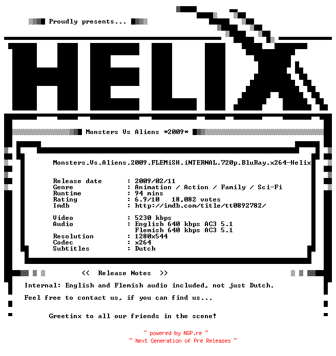 NFO for the release Monsters.Vs.Aliens.2009.FLEMiSH.iNTERNAL.720p.BluRay.x264-Helix by Helix