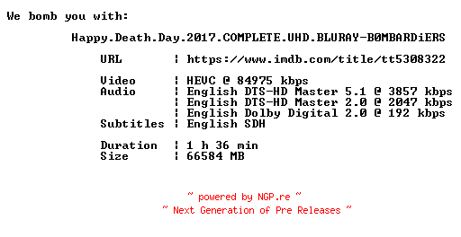 NFO for the release Happy.Death.Day.2017.COMPLETE.UHD.BLURAY-B0MBARDiERS by B0MBARDiERS