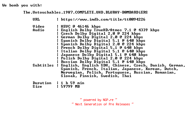 NFO for the release The.Untouchables.1987.COMPLETE.UHD.BLURAY-B0MBARDiERS by B0MBARDiERS