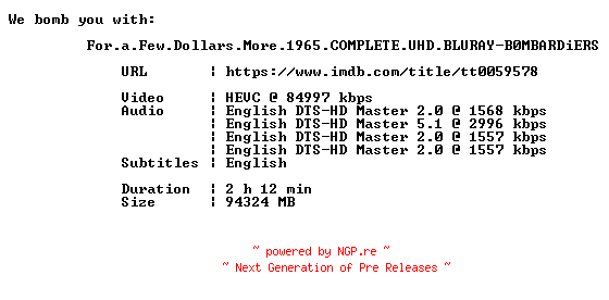 NFO for the release For.a.Few.Dollars.More.1965.COMPLETE.UHD.BLURAY-B0MBARDiERS by B0MBARDiERS