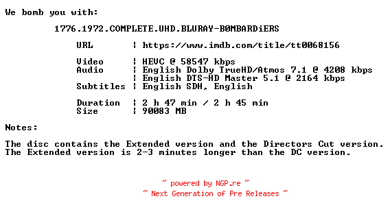 NFO for the release 1776.1972.COMPLETE.UHD.BLURAY-B0MBARDiERS by B0MBARDiERS