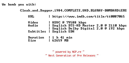 NFO for the release Cloak.and.Dagger.1984.COMPLETE.UHD.BLURAY-B0MBARDiERS by B0MBARDiERS