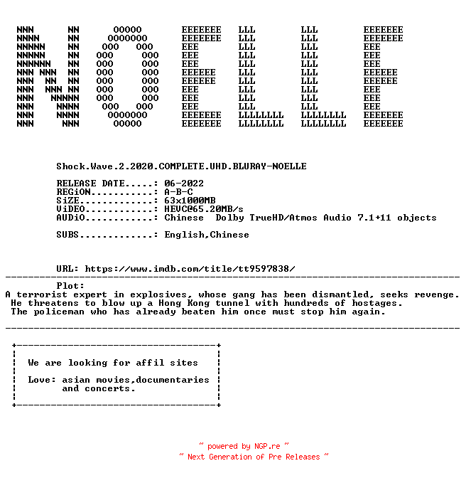 NFO for the release Shock.Wave.2.2020.COMPLETE.UHD.BLURAY-NOELLE by NOELLE
