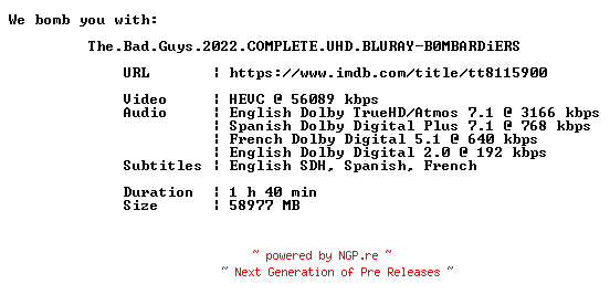 NFO for the release The.Bad.Guys.2022.COMPLETE.UHD.BLURAY-B0MBARDiERS by B0MBARDiERS