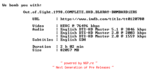 NFO for the release Out.of.Sight.1998.COMPLETE.UHD.BLURAY-B0MBARDiERS by B0MBARDiERS
