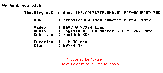 NFO for the release The.Virgin.Suicides.1999.COMPLETE.UHD.BLURAY-B0MBARDiERS by B0MBARDiERS