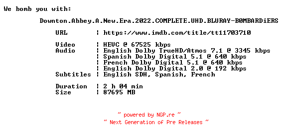 NFO for the release Downton.Abbey.A.New.Era.2022.COMPLETE.UHD.BLURAY-B0MBARDiERS by B0MBARDiERS