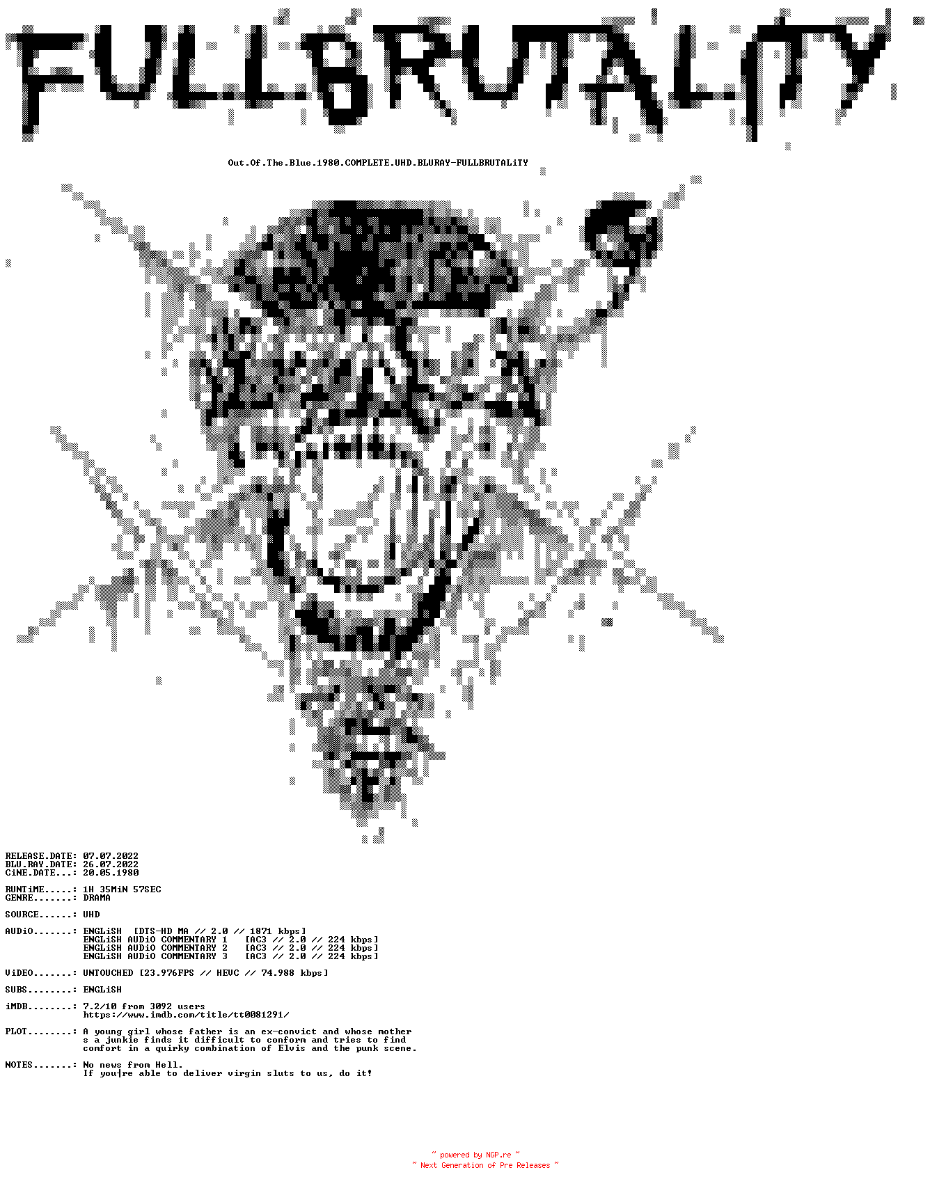 NFO for the release Out.Of.The.Blue.1980.COMPLETE.UHD.BLURAY-FULLBRUTALiTY by FULLBRUTALiTY