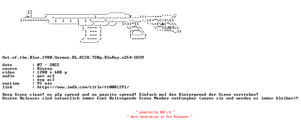 NFO for the release Out.of.the.Blue.1980.German.DL.AC3D.720p.BluRay.x264-GSG9 by GSG9