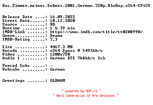 NFO for the release Das.Zimmer.meines.Sohnes.2001.German.720p.BluRay.x264-SPiCY by SPiCY