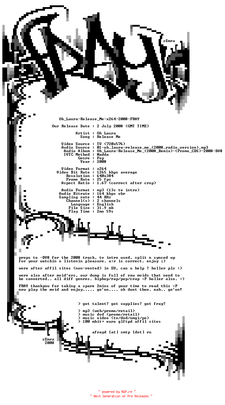 NFO for the release Oh_Laura-Release_Me-x264-2008-FRAY by FRAY