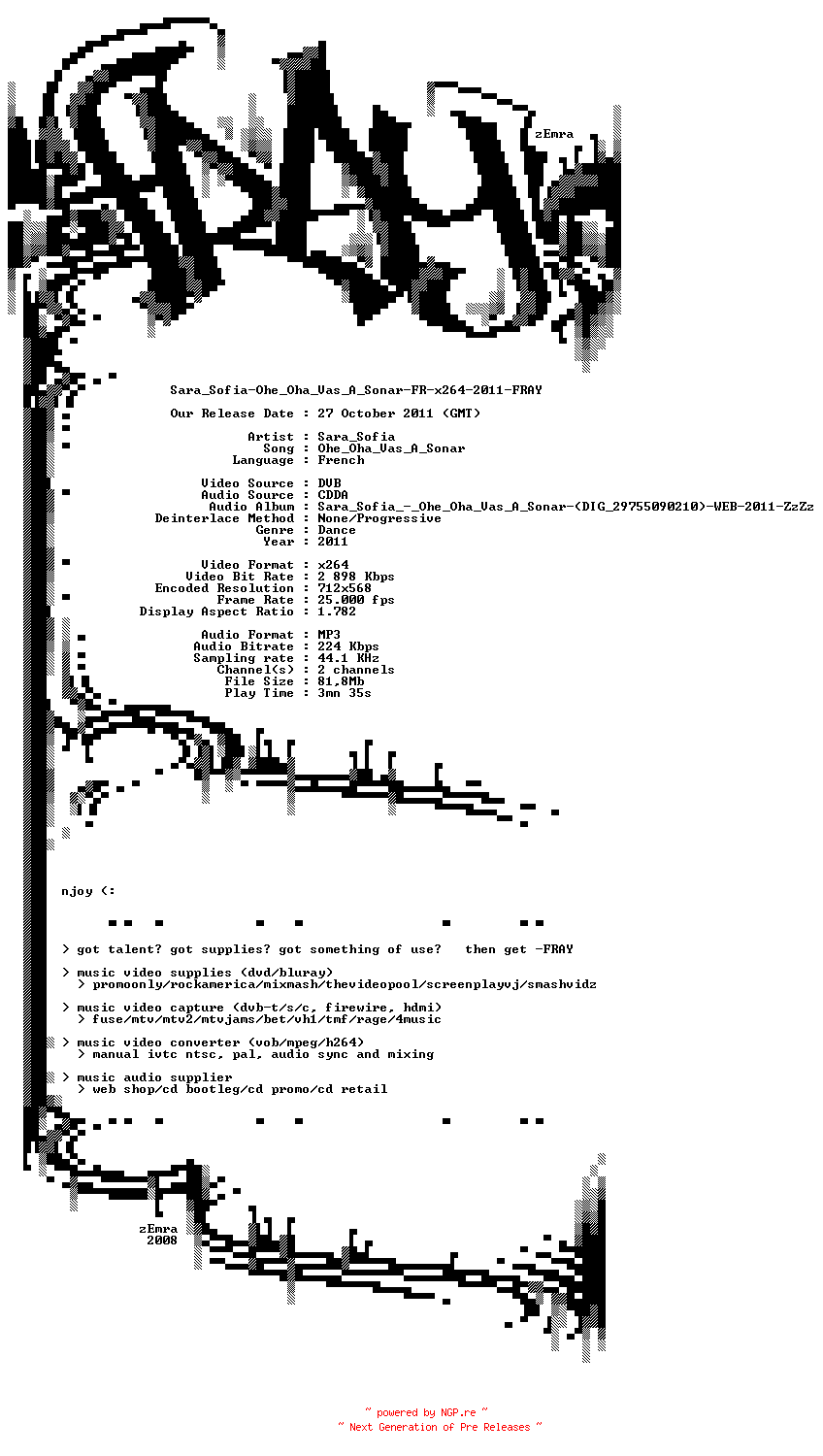NFO for the release Sara_Sofia-Ohe_Oha_Vas_A_Sonar-FR-x264-2011-FRAY by FRAY