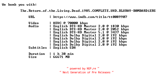 NFO for the release The.Return.of.the.Living.Dead.1985.COMPLETE.UHD.BLURAY-B0MBARDiERS by B0MBARDiERS