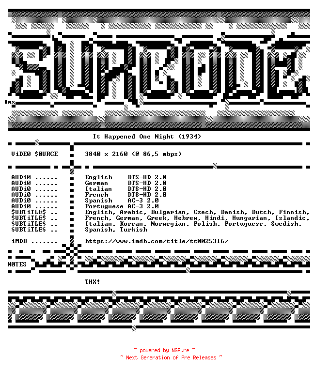 NFO for the release It.Happened.One.Night.1934.COMPLETE.UHD.BLURAY-SURCODE by SURCODE
