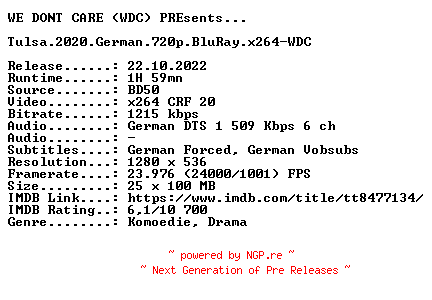 NFO for the release Tulsa.2020.German.720p.BluRay.x264-WDC by WDC