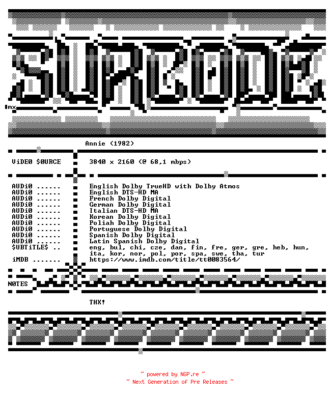 NFO for the release Annie.1982.COMPLETE.UHD.BLURAY-SURCODE by SURCODE
