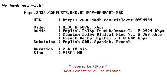 NFO for the release Nope.2022.COMPLETE.UHD.BLURAY-B0MBARDiERS by B0MBARDiERS