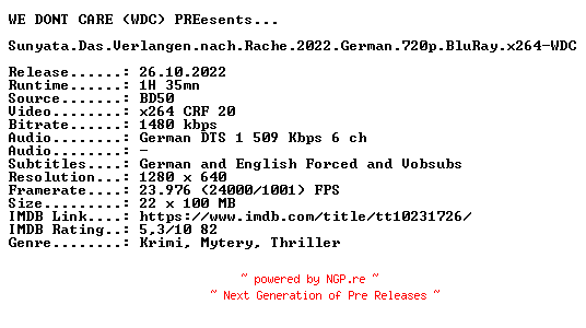 NFO for the release Sunyata.Das.Verlangen.nach.Rache.2022.German.720p.BluRay.x264-WDC by WDC