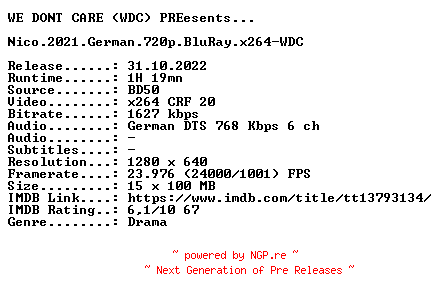 NFO for the release Nico.2021.German.720p.BluRay.x264-WDC by WDC