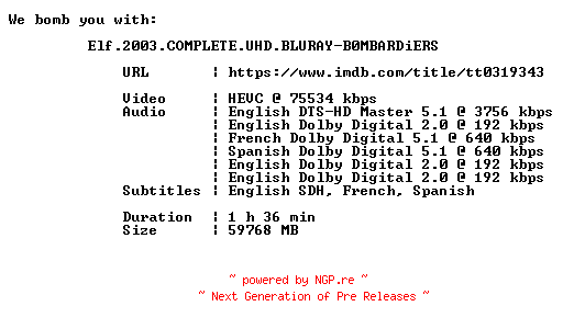 NFO for the release Elf.2003.COMPLETE.UHD.BLURAY-B0MBARDiERS by B0MBARDiERS