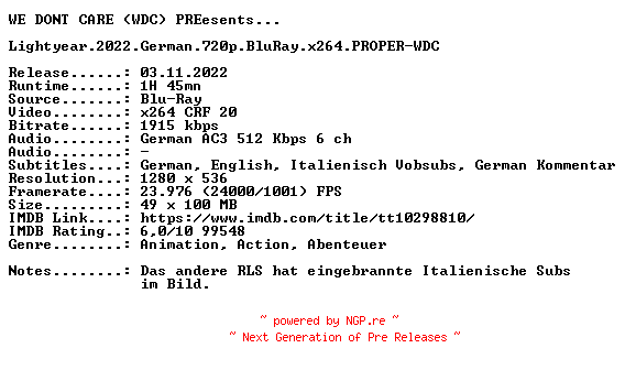NFO for the release Lightyear.2022.German.720p.BluRay.x264.PROPER-WDC by WDC