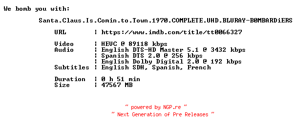 NFO for the release Santa.Claus.Is.Comin.to.Town.1970.COMPLETE.UHD.BLURAY-B0MBARDiERS by B0MBARDiERS