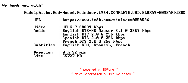 NFO for the release Rudolph.the.Red-Nosed.Reindeer.1964.COMPLETE.UHD.BLURAY-B0MBARDiERS by B0MBARDiERS
