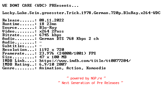 NFO for the release Lucky.Luke.Sein.groesster.Trick.1978.German.720p.BluRay.x264-WDC by WDC