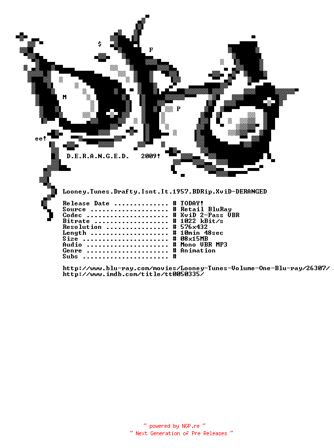 NFO for the release Looney.Tunes.Drafty.Isnt.It.1957.BDRip.XviD-DERANGED by DERANGED