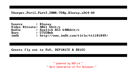 NFO for the release Sharpes.Peril.Part2.2008.720p.Bluray.x264-hV by hV