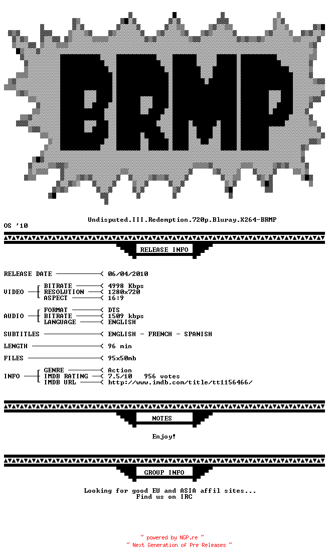 NFO for the release Undisputed.III.Redemption.720p.Bluray.X264-BRMP by BRMP