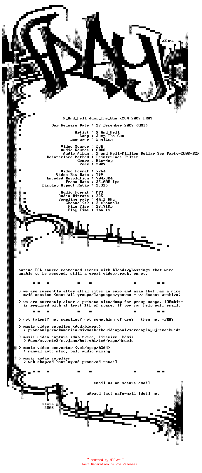 NFO for the release X_And_Hell-Jump_The_Gun-x264-2009-FRAY by FRAY